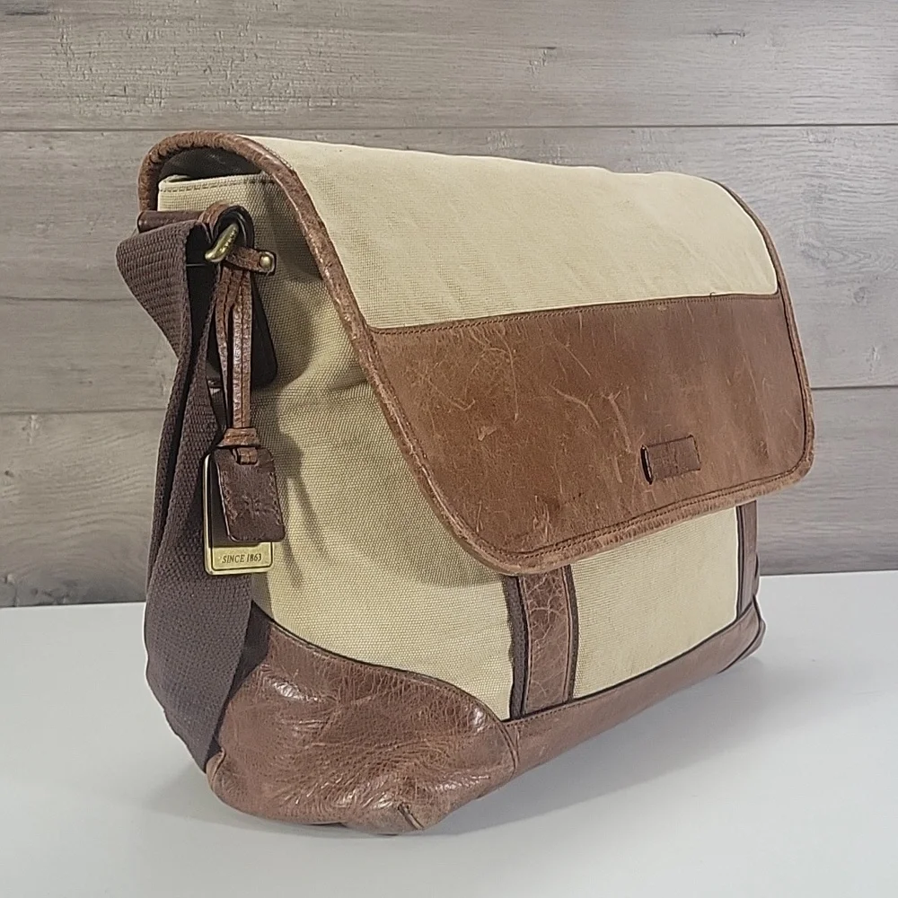 Frye Distressed Canvas and Leather Messenger Bag in Beige and Brown - Men